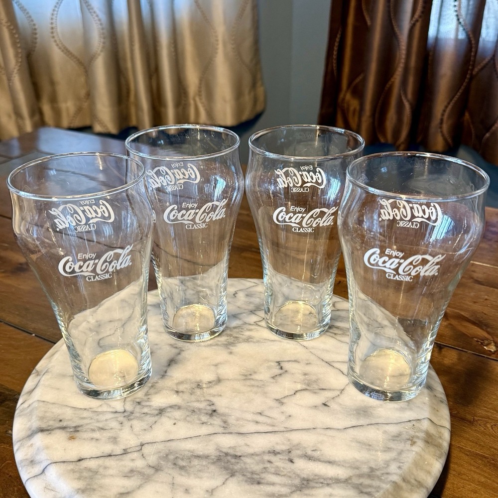 4pc VTG Enjoy Coca-Cola Classic Coke Glasses White Logo On Clear Glass 6"